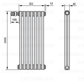 Схема (чертеж) Радиатор Zehnder Charleston 2200/7 №V011 Белый глянцевый RAL 9016